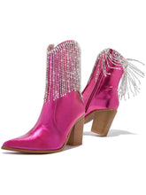 Metallic Hot Pink Rhinestone Tassel Zip Ankle Boots Pointy Block Heeled Cowgirl Boots